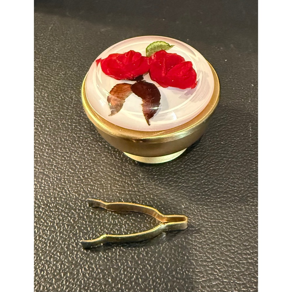 Bircraft Saccharine Bowl Gold Tone Red Rose Hand Carved Lucite Vintage Set Tongs
